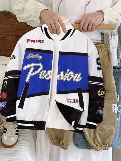 1 件装年轻男孩休闲宽松彩色字母印花棒球夹克，带保暖内衬，适合日常、上学、旅行、运动、秋冬季