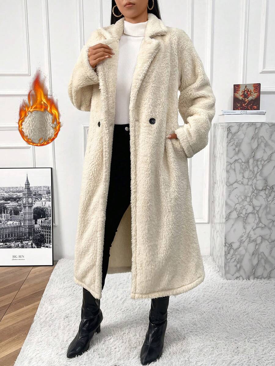 Lapel Neck Double Button Teddy Coat - Apricot - View 1