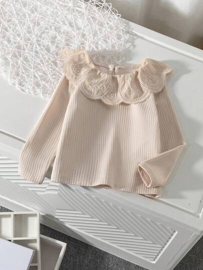 SHEIN Genkimix Kids Young Girl Apricot Ribbed Knit Long Sleeve T-Shirt With Lace Trim Collar, Comfortable Casual Elegant Fashion For Spring, Autumn And Winter,Holiday,Summer,Travel