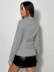 Flirla Women's Spring And Summer Striped Long Sleeve Casual Shirt Fall Cloth For Women - Grey - View 2