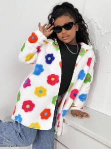 SHEIN Floral Print Reversible Fleece Hooded Jacket For Tween Girls