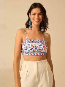 CAJUNI Women Selenipedium And Azalea Prints Boho Vacation Casual Summer Micro Crop Tank Top - Multicolor - View 1