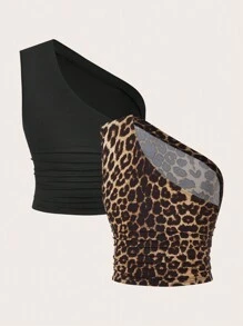 Comfortcana Plus Size Women 2pcs Set Leopard Print Black Sleeveless Top & Tank Top - Multicolor - View 2