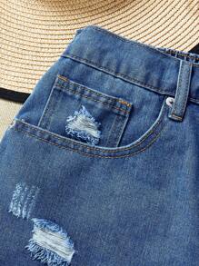 Breezaya Plus Size Solid Color Frayed Hem Ripped Pocket Casual Denim Shorts For Summer - Medium Wash - View 3