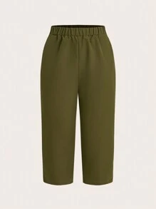 SHEIN LUNE 女士纯色简约休闲七分裤 - 軍綠色 - 查看 3