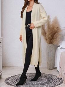 SHEIN LUNE Women's Autumn/Winter Long Split Ivory Cardigan Sweater - White - View 5