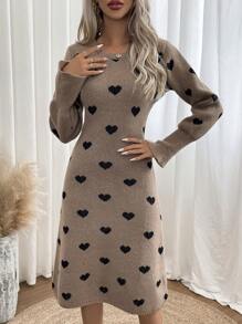SHEIN LUNE Ladies áo len váy Tim Tất cả trên in Giải trí - Màu Khaki - Xem 5