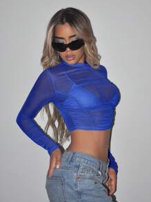 SHEIN ICON Mock Neck Ruched Mesh Perspective Crop Top Without Bra - Blue - View 5