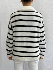SHEIN Cottnline 女式拉鍊半扣條紋毛衣套頭 - 白色 - 查看 2