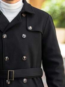 Manfinity Homme Men's Black Autumn Classy Office Double Breasted Trench Coat,Long Sleeve Belted Pocket Jacket,Front Button Business Overcoat Gifts For Husband - Black - View 4