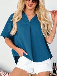 INAWLY Plus Size Solid Color V-Neck Casual Short Sleeve Shirt For Summer - Navy Blue - View 1