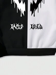 ROMWE MEN Grunge Punk Men's Casual Letter Graphic Colorblock Hoodie, School - Black - View 5