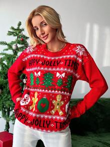 EURMUSE 聖誕圖案落肩袖套頭毛衣 - 紅色 - 查看 4