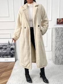 Lapel Neck Double Button Teddy Coat - Apricot - View 7