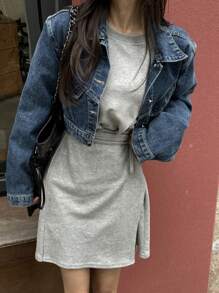 DAZY Abito corto in felpa con strato finto, vestito a maniche lunghe per l'autunno, colore unito