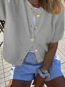 INAWLY Áo cardigan cổ tròn ngắn tay cài cúc thông thường dành cho nữ với thiết kế đơn giản - Xám - Xem 1