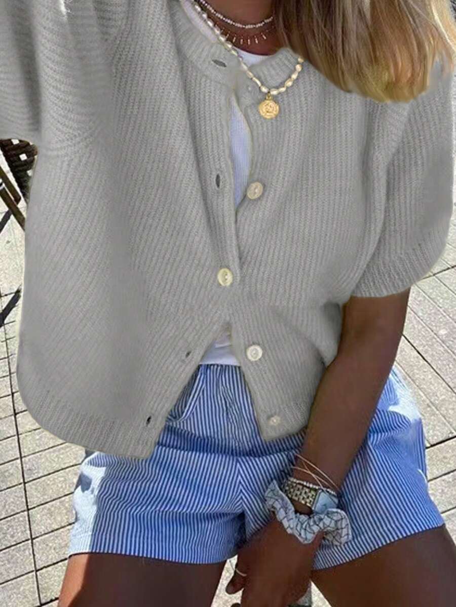 INAWLY Áo cardigan cổ tròn ngắn tay cài cúc thông thường dành cho nữ với thiết kế đơn giản - Xám - Xem 1