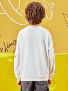 TOM & JERRY X SHEIN 1 pieza Sudadera oversize de hombros caídos con estampado de dibujos animados para niño preadolescente en blanco - Blanco - Ver 2