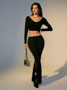 SHEINNeu Damen Slim Fit elegante ausgestellte Spitzen Hose - Weiss - Übersicht 5