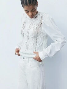 Maija Women Simple Hollow-Out Color Block Casual Sweater - White - View 5