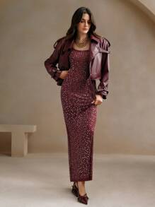 Anewsta Women Spring Autumn Plain Stand Collar Long Sleeve PU Leather Loose Short Casual Jacket - Burgundy - View 6