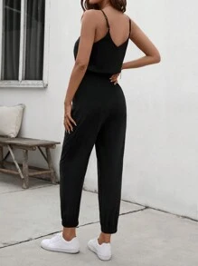 SHEIN LUNE Women'S Solid Color Strap Jumpsuit - Black - View 2
