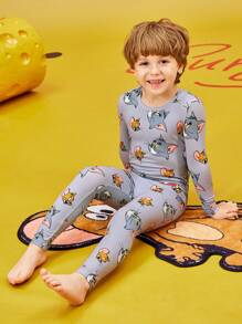 TOM & JERRY X SHEIN Young Boy Cartoon Allover Print Snug Fit Sleepwear Set - Long Sleeve Top & Pants