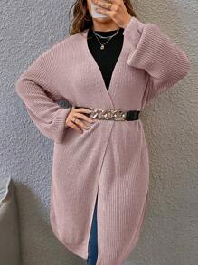 SHEIN LUNE 大码女式粉色针织开衫毛衣，纯色露肩长袖宽松休闲秋冬款 - 藕粉色 - 查看 4