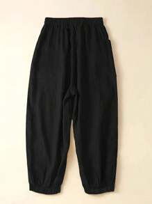 Plus Size Solid Color Front Tie Pocket Simple Casual Pants, Daily Casual Wear