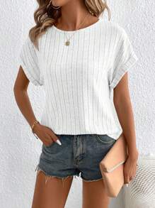 SHEIN LUNE Áo thun nữ tay ngắn có gân màu trơn cổ tròn - trắng - Xem 6