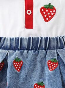 SHEIN Vintaside Kids 2pcs Baby Girls' Ruffled Strawberry Top Matched With Cartoon Denim Skirt Set - White - View 6