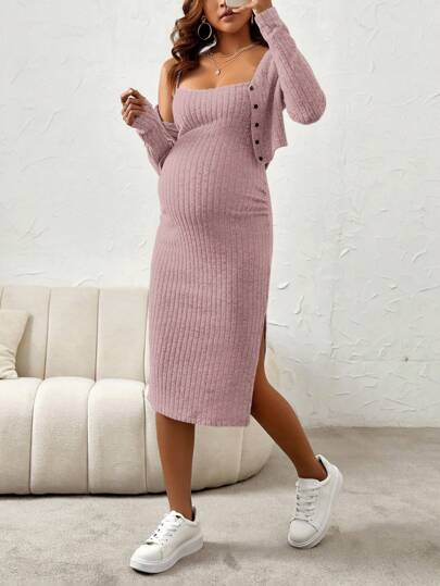 SHEIN 2pcs Maternity Casual Solid Color Side Slit Strap Dress And Long Sleeve Top Set, Spring Autumn