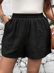 SHEIN LUNE Plus Size Pink High Waist Elastic Women Black Shorts With Pockets Fall Comfortable Breathable Texture Casual Shorts Black Shorts - Black - View 6