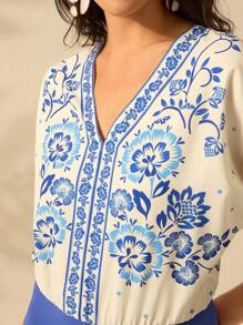 CAJUNI 女士度假休闲夏季波西米亚风热带植物、杜鹃花、向日葵蓝色印花 V 领紧身衣 - 彩色 - 查看 5