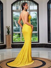 LOVE&LEMONADE 女士几何亮片吊带连衣裙，晚礼服 - 黃色 - 查看 2