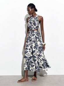 Maija 2026 Spring/Summer Women's Collection Dark Blue Silhouette Floral Print Open-Back Resort Dress With A Cinched Waist And A-Line Silhouette,Summer Beach Vacation,Ummer Dresses For Women,Beach Outfit For Women,Vacation Outfits Women, Floral Dress For Women - Blue - View 6
