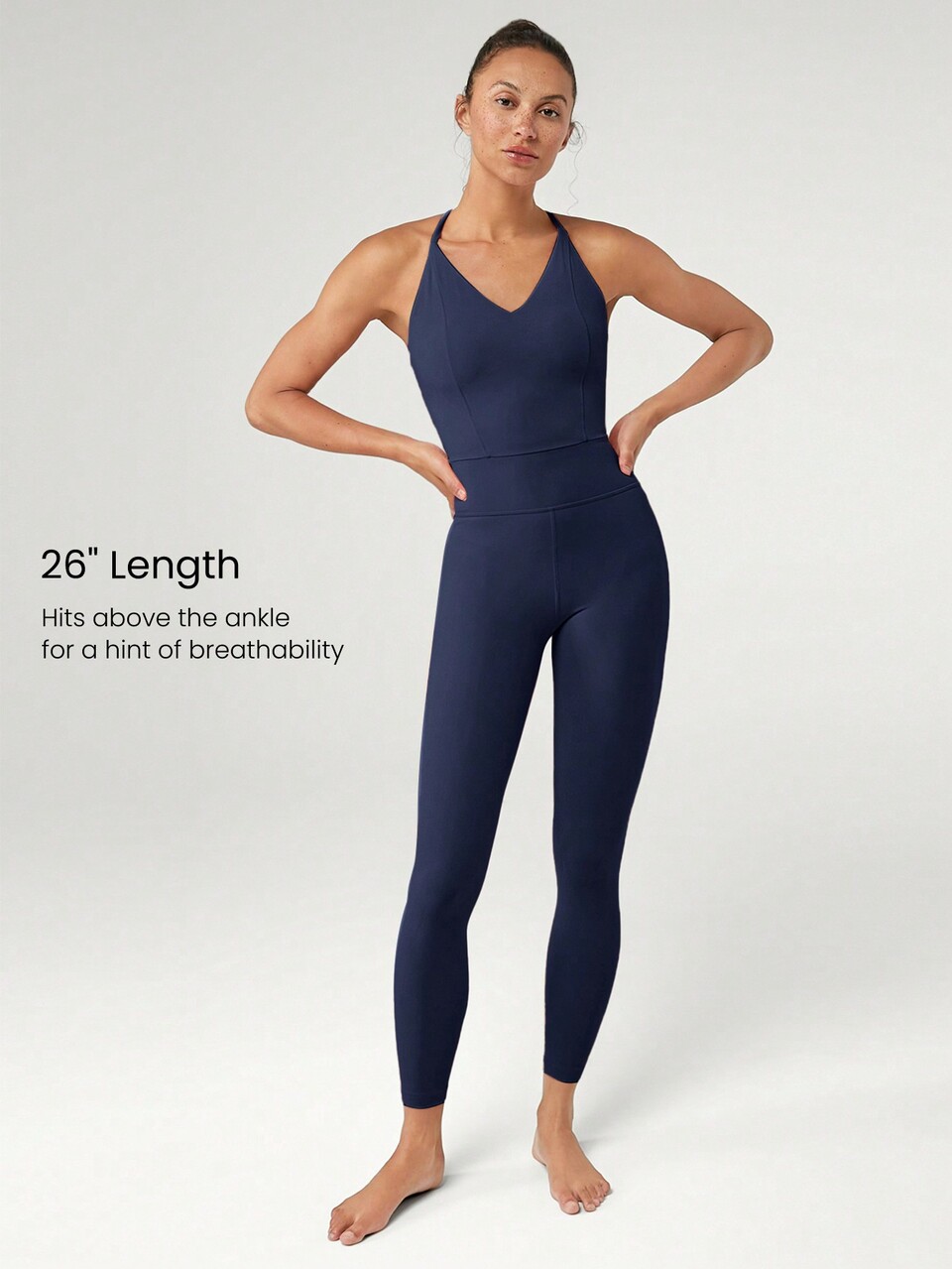 26" FeatherFit™ V-Neck Strappy Back Powerhold Back Bodysuit Jumpsuit Low Impact Yoga Pilates Daily