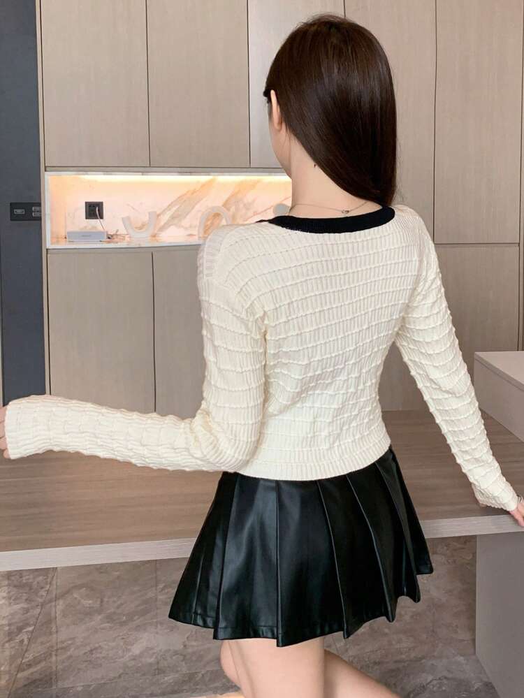 Women's Casual Striped Trim Crop Cardigan, Autumn/Winter,Fall Women Clothes