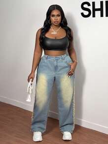 SHEIN SXY 大码磨边下摆口袋细节直腿牛仔裤 - 淺色水洗藍 - 查看 5