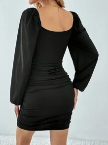 SHEIN Tall Contrast Mesh Lantern Sleeve Ruched Bodycon Black Dress - Black - View 2