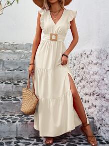 Breezaya Vestido con escote en V, volantes en la cintura con lazo, pliegues con volantes en el bajo y abertura lateral - Albaricoque - Ver 7