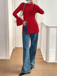 SHEIN Essnce Damen Crop Top mit Rundhalsausschnitt, Langarm, Rippenstruktur, Glockenärmeln und Perl-Dekor in Rot