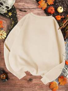 Tween Girls Pumpkin Print Crew Neck Long Sleeve Sweatshirt - Apricot - View 2