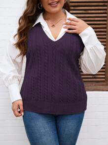 Plus Size V-Neck Sleeveless Simple Knit Top, Multicolor, For Winter - Purple - View 4