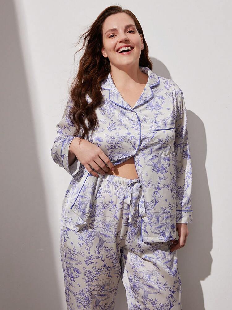Conjunto de pijama largo de satén con estampado floral para mujer talla grande