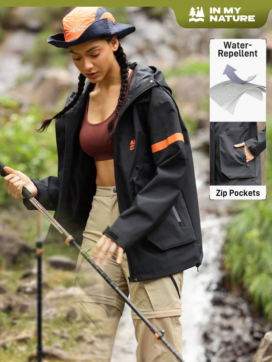 In My Nature Women Hooded Color Blocking Zip-Up Outdoor Raincoat Jacket - Black - View 1