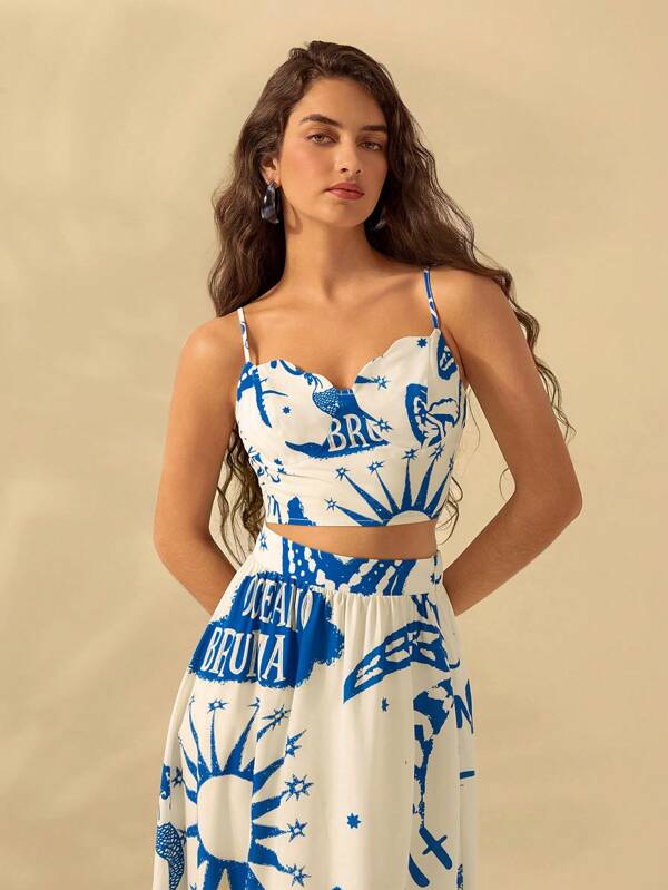 CAJUNI Women's Vacation Boho Casual Beach Tropical Sun, Moon, Starfish, Conch Pattern The Blue And White Prints Spaghetti Strap Backless All-Over Print Pleated Camisole