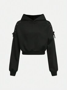 SHEIN Girlism 青少年女孩万圣节时尚街头黑猫耳朵连帽长袖抽绳套头衫，秋冬 - 黑色 - 查看 5