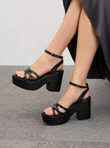 CUCCOO BIZCHIC Woman Shoes Minimalist Chunky Heeled Ankle Strap Versatile Elegant Black Heeled Sandals For Summer Graduation Heels Prom Heels Vacation Shoes Summer Back To School Shoes College Student Shoes Elegant Basics Business Casual Business Chic Halloween Spring Shoes Spring Break Easter - Black - View 6