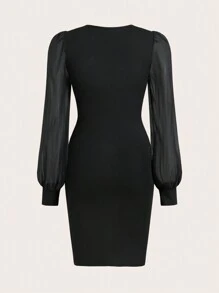 SHEIN Clasi שמלת טלאים עם שרוול ארוך ריינסטון דקור רשת פאנל - שחור - ראה 2